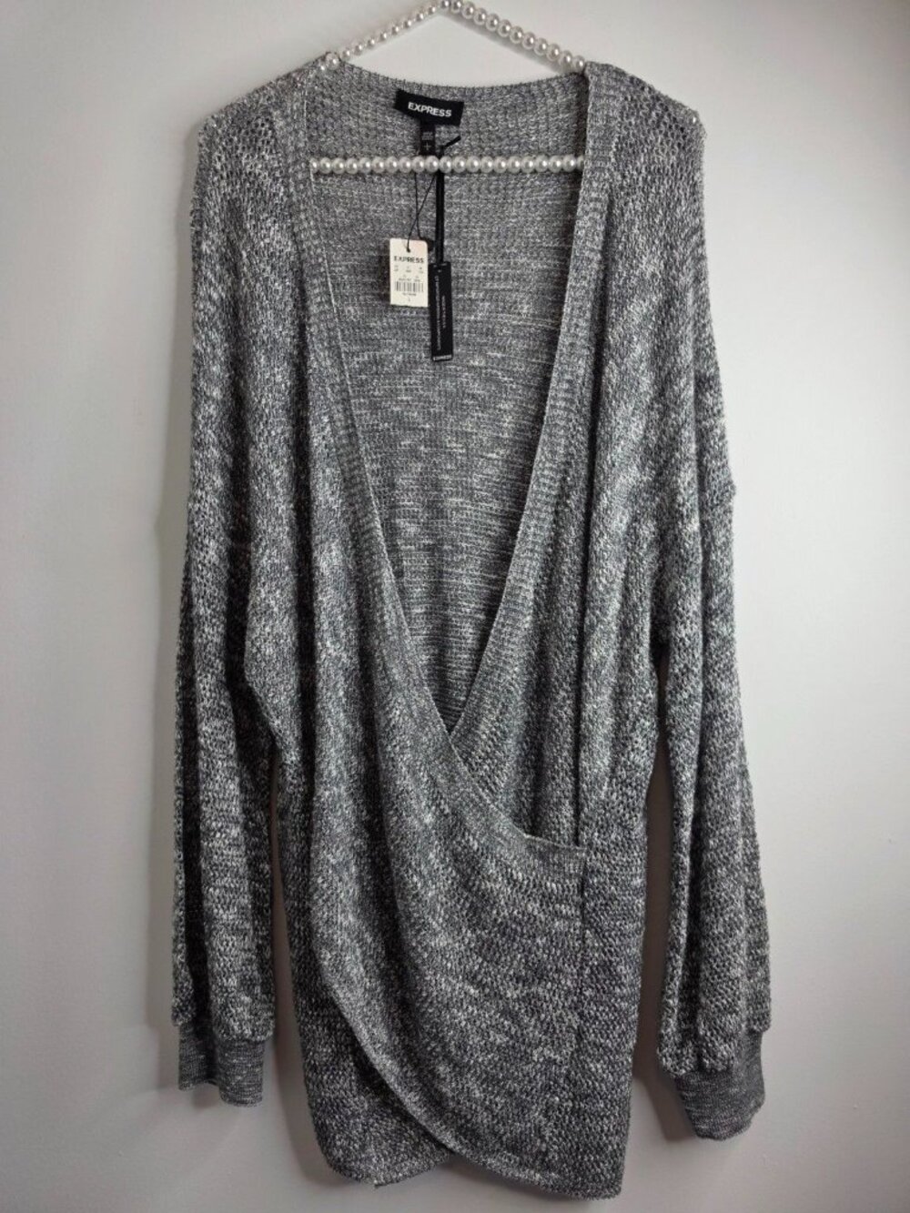 Express Gray Marled Knit Draped Wrap Front Sweater Size L NWT